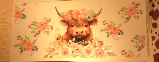 Highland Cow with pink flowers Decal wrap