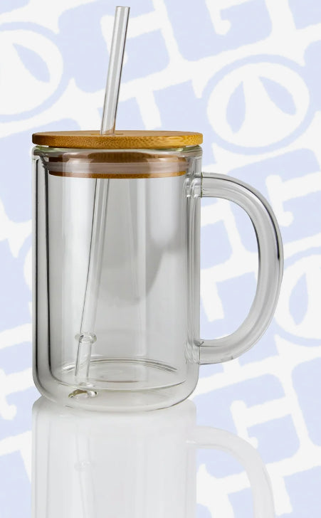 15 oz Mug style Glass cup w Glitter Handle