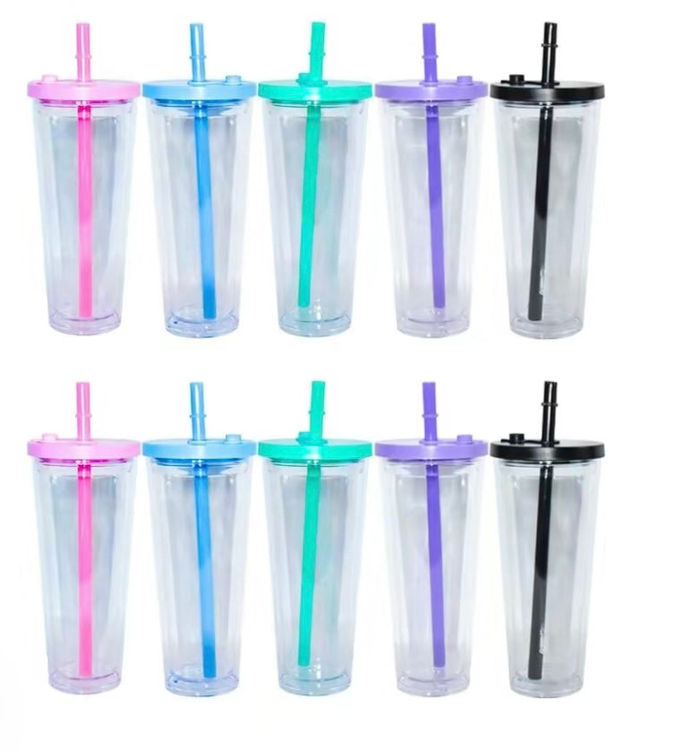 24 oz Acrylic Snow globe style color lid and straw and leak proof lid.