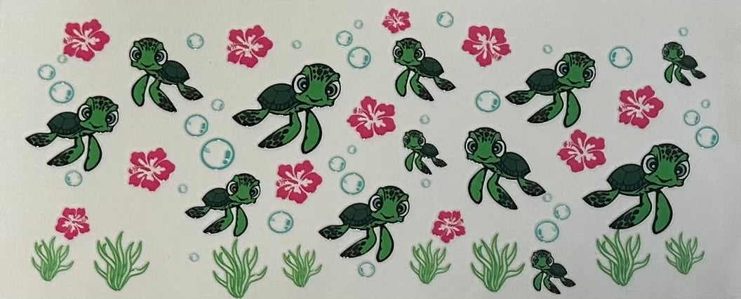 Turtles with pink flowers